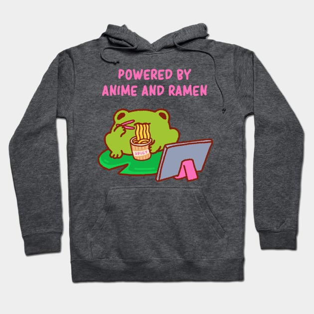 Powered by anime and ramen, anime fan, funny anime quote, cute anime lover frog Hoodie by Tinyarts